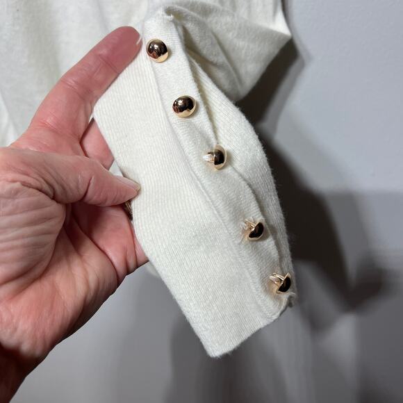 Burgess Sweater Cream Cotton Cashmere Gold Button Sleeve Thin Knit Dressy M - Picture 3 of 7